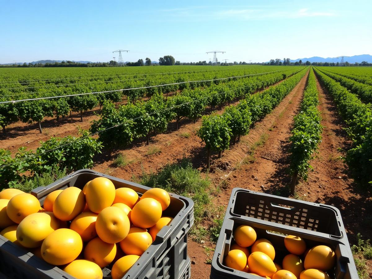 Pomar de manga e parreiral com caixas de frutas colhidas