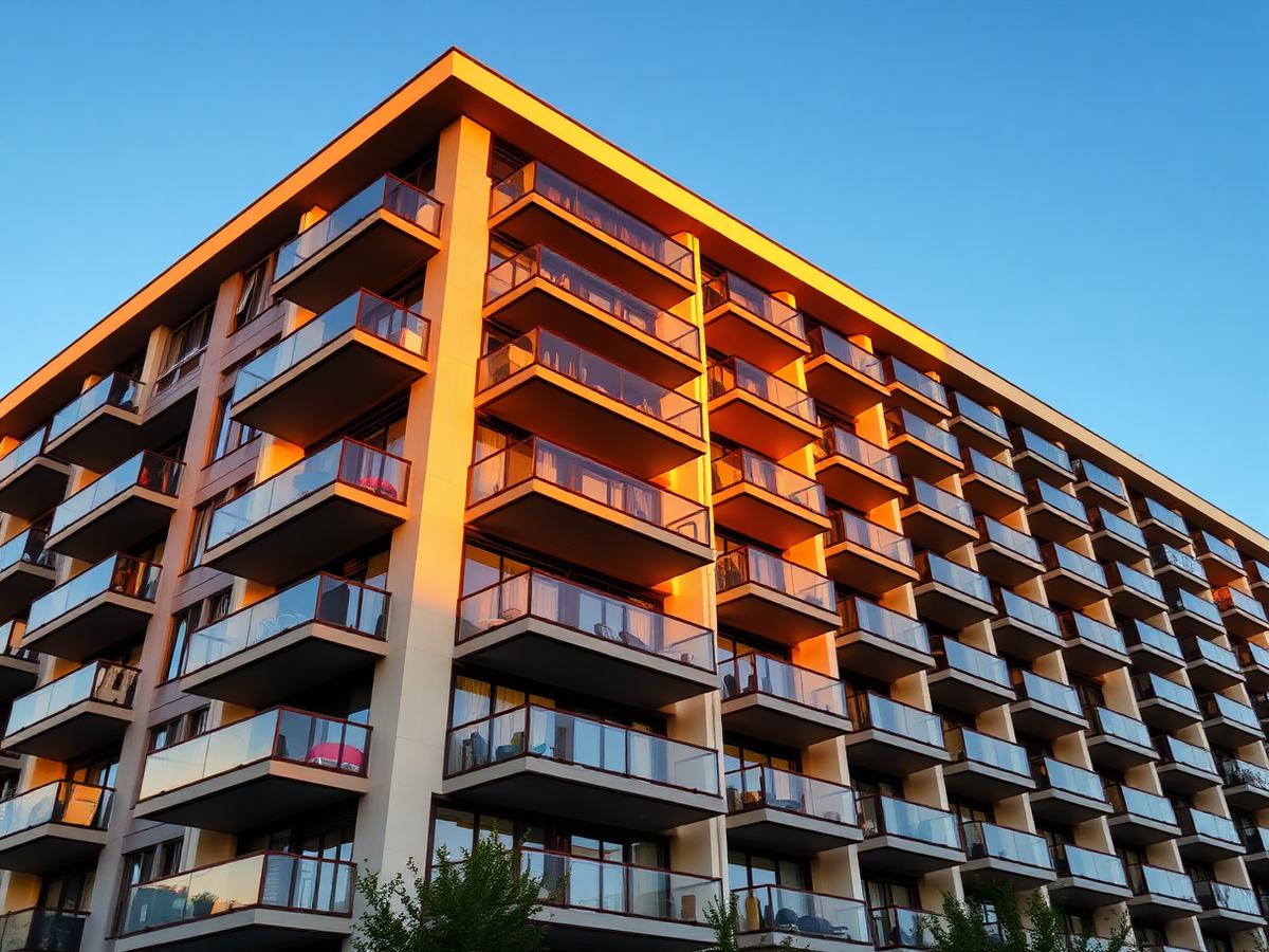 Fachada de edifício residencial moderno com varandas ao entardecer