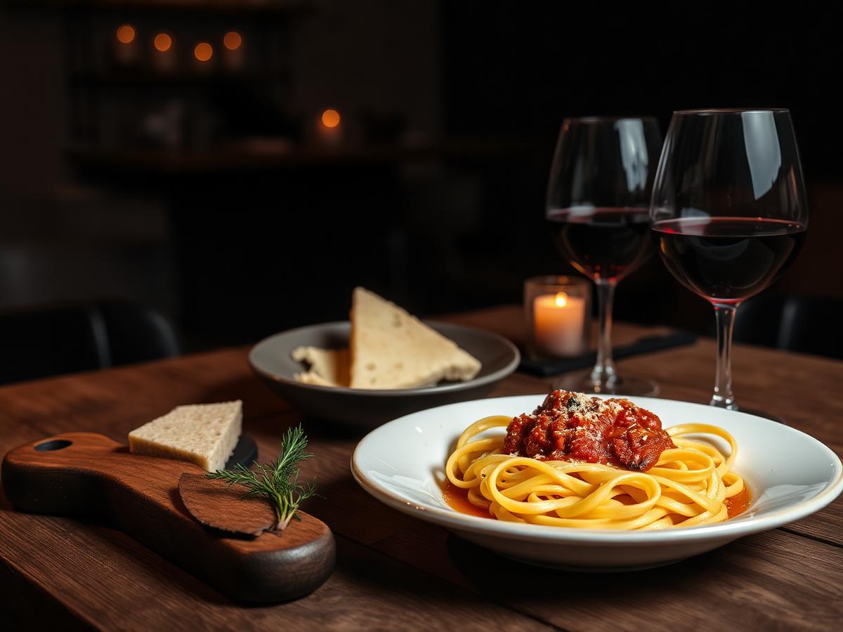 Prato de tagliatelle ao ragù com taças de vinho no salão da Villa Toscana